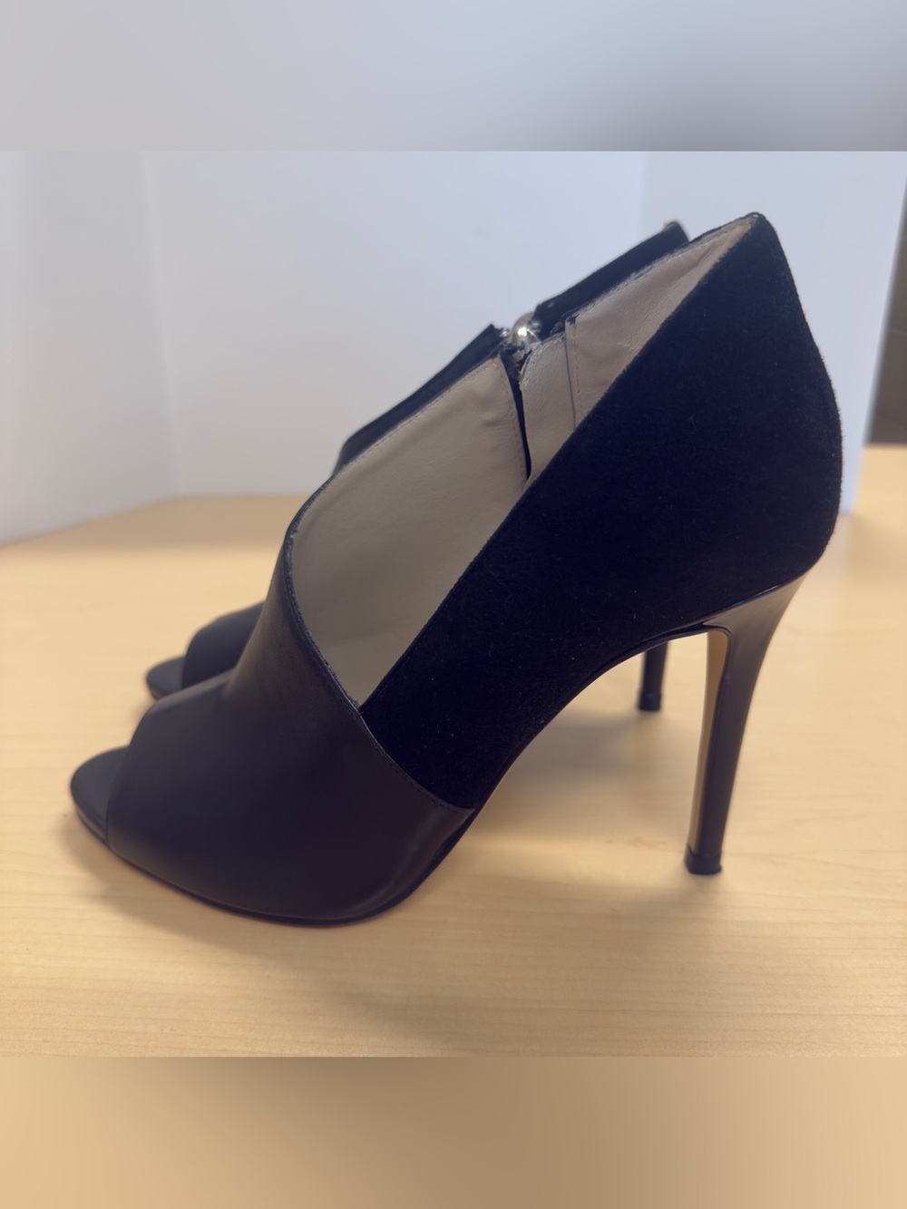 Karen Millen Black Leather & Suede Asymmetric Peep Toe Heels Size EU 38/US 7.5-8